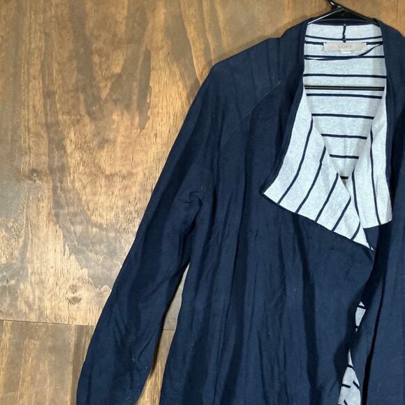 Ann Taylor LOFT Womens Sweater Navy Blue Striped Open Draped Cardigan Stretch L - Picture 4 of 12